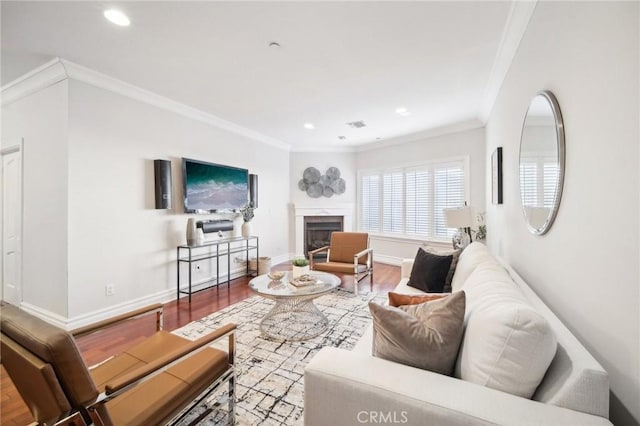11989 Laurelwood Dr Unit 3, Studio City, CA 91604 - living area featuring wood finished floors, recessed lighting, a premium fireplace, ornamental molding, and baseboards