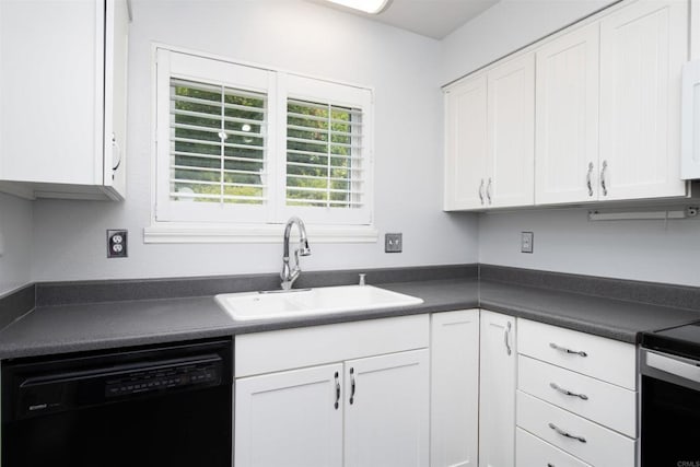 4402 Shearwater Way, Oceanside, CA 92057 - kitchen featuring black dishwasher, a sink, dark countertops, and white cabinetry