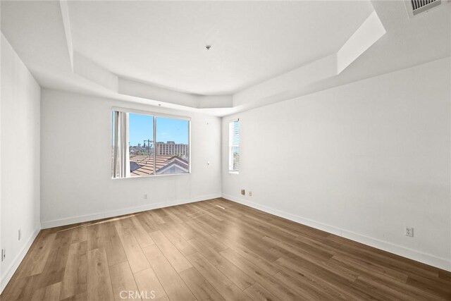 spare room with a tray ceiling, wood finished floors, and baseboards