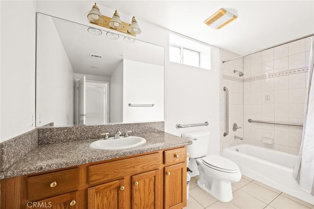 full bathroom featuring tile patterned flooring, toilet, vanity, and shower / bathtub combination with curtain