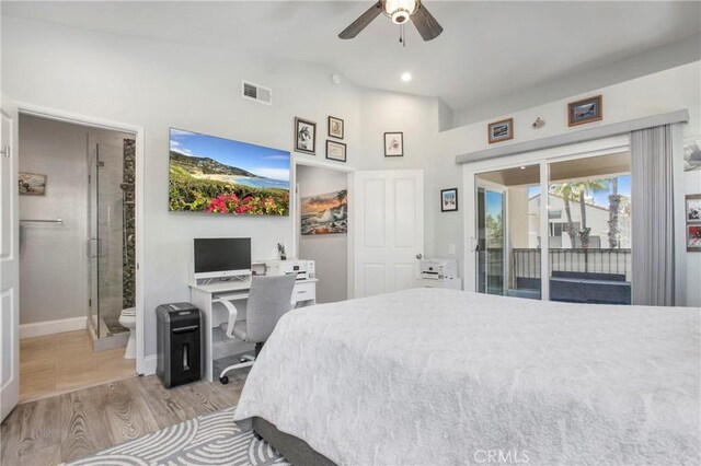 37 Fleurance St, Laguna Niguel, CA 92677 - bedroom featuring access to outside, a desk, light wood-style flooring, vaulted ceiling, and baseboards