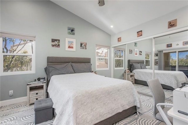 37 Fleurance St, Laguna Niguel, CA 92677 - bedroom with high vaulted ceiling, baseboards, a closet, recessed lighting, and ceiling fan