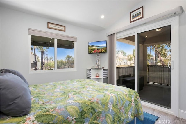37 Fleurance St, Laguna Niguel, CA 92677 - bedroom with access to exterior, wood finished floors, vaulted ceiling, and recessed lighting