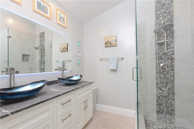 37 Fleurance St, Laguna Niguel, CA 92677 - full bath featuring a shower stall, double vanity, baseboards, and tile patterned flooring
