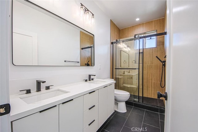2202 Thurman Ave, Los Angeles, CA 90016 - full bath with toilet, a stall shower, double vanity, tile patterned floors, and recessed lighting