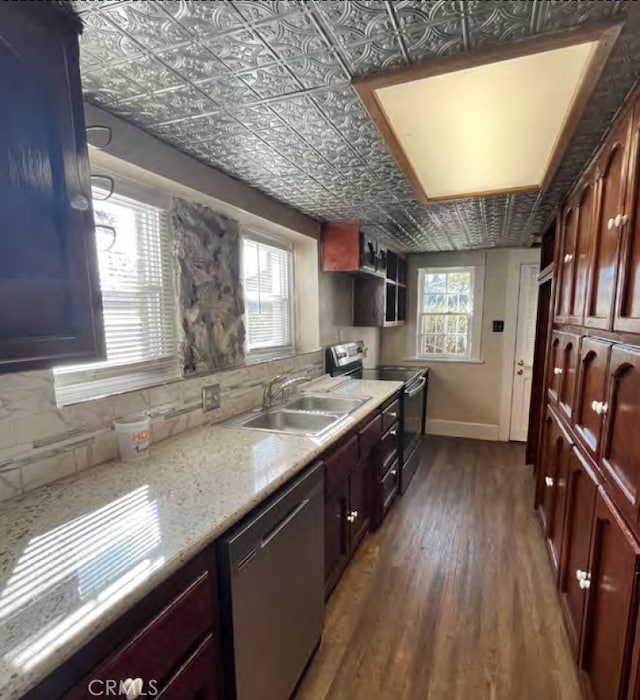581 N Euclid Ave, Upland, CA 91786 - kitchen featuring stainless steel appliances, an ornate ceiling, a sink, dark wood-style flooring, and baseboards