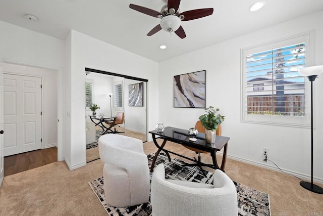 34056 Vandale Ct, Temecula, CA 92592 - office area with light carpet, a ceiling fan, baseboards, and recessed lighting