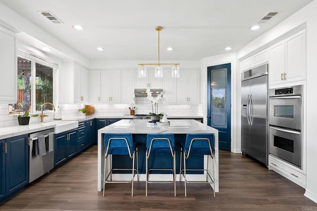 34056 Vandale Ct, Temecula, CA 92592 - kitchen with stainless steel appliances, blue cabinets, a sink, a kitchen island, and white cabinets