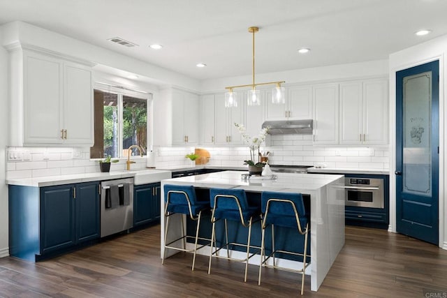 34056 Vandale Ct, Temecula, CA 92592 - kitchen featuring appliances with stainless steel finishes, blue cabinetry, under cabinet range hood, a sink, and a center island