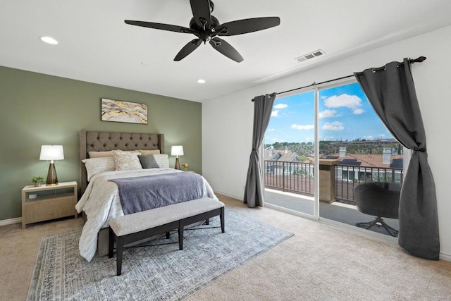 34056 Vandale Ct, Temecula, CA 92592 - bedroom featuring carpet, access to exterior, baseboards, recessed lighting, and a ceiling fan