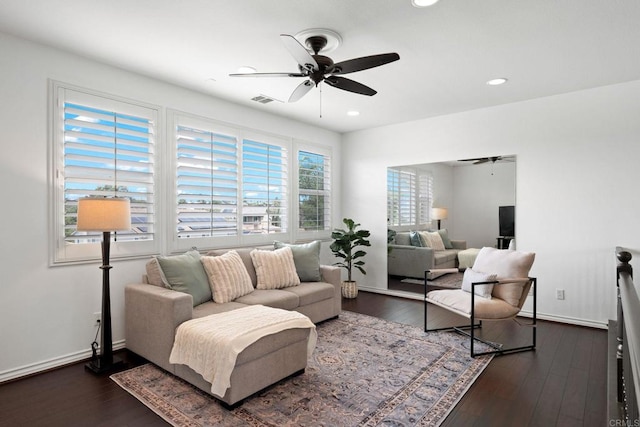 34056 Vandale Ct, Temecula, CA 92592 - living area with ceiling fan, recessed lighting, dark wood-type flooring, and baseboards