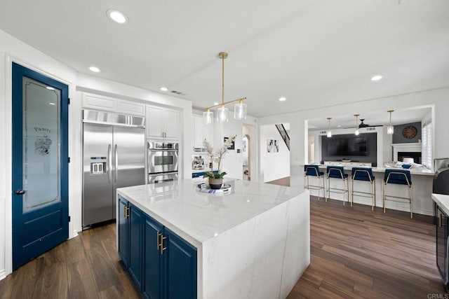34056 Vandale Ct, Temecula, CA 92592 - kitchen with stainless steel appliances, blue cabinetry, dark wood finished floors, open floor plan, and recessed lighting