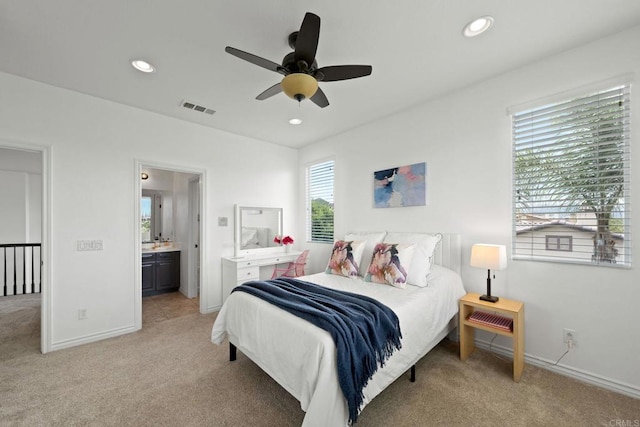 34056 Vandale Ct, Temecula, CA 92592 - bedroom with light carpet, baseboards, recessed lighting, and a ceiling fan