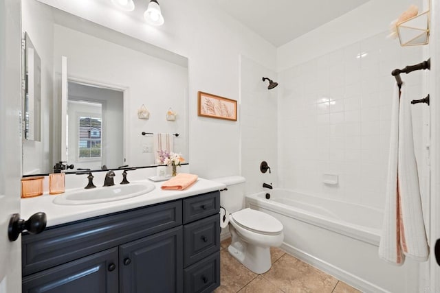 34056 Vandale Ct, Temecula, CA 92592 - bathroom with tile patterned floors, toilet, shower / bathtub combination with curtain, and vanity
