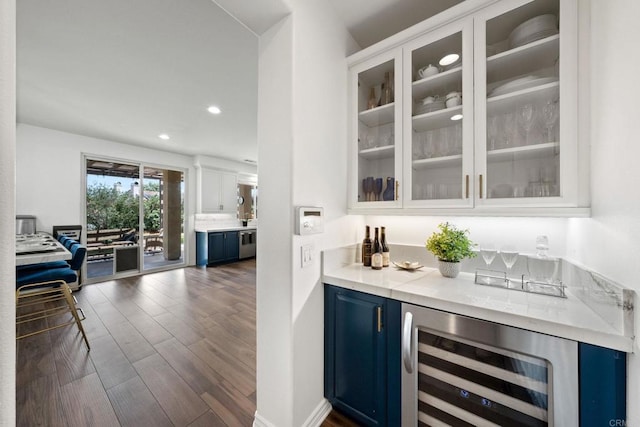 34056 Vandale Ct, Temecula, CA 92592 - indoor bar with wine cooler, dark wood-type flooring, recessed lighting, and dishwasher