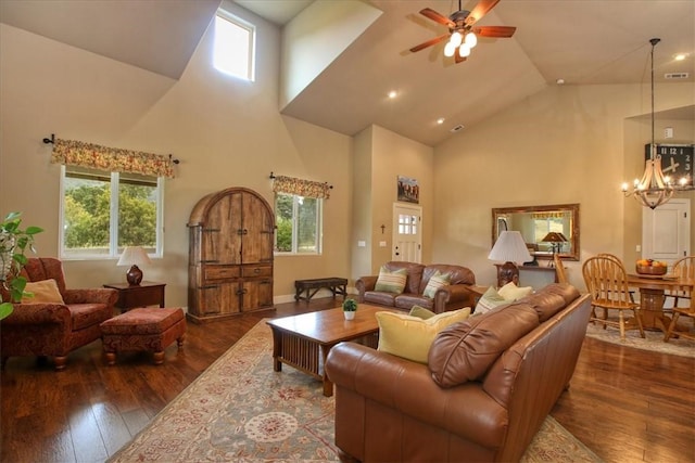 7550 Mary Hall Rd, Arroyo Grande, CA 93420 - living area with high vaulted ceiling, a chandelier, wood-type flooring, a ceiling fan, and recessed lighting