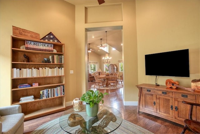 7550 Mary Hall Rd, Arroyo Grande, CA 93420 - living area with a ceiling fan, high vaulted ceiling, baseboards, and dark wood-type flooring