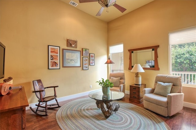 7550 Mary Hall Rd, Arroyo Grande, CA 93420 - sitting room featuring ceiling fan, wood finished floors, baseboards, and high vaulted ceiling
