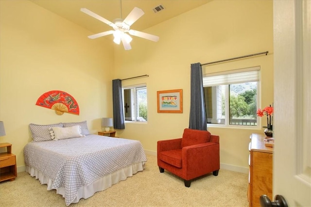 7550 Mary Hall Rd, Arroyo Grande, CA 93420 - bedroom with multiple windows, a towering ceiling, baseboards, carpet, and a ceiling fan