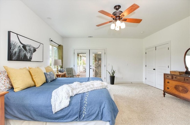 7550 Mary Hall Rd, Arroyo Grande, CA 93420 - bedroom featuring french doors, access to exterior, carpet, a ceiling fan, and baseboards