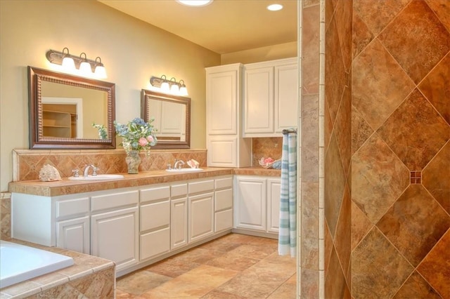 7550 Mary Hall Rd, Arroyo Grande, CA 93420 - bathroom with double vanity, decorative backsplash, and tiled tub