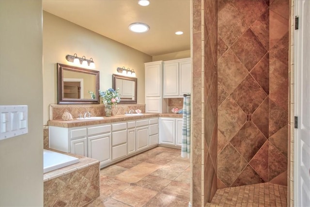 7550 Mary Hall Rd, Arroyo Grande, CA 93420 - full bath featuring a tile shower, recessed lighting, double vanity, and a relaxing tiled tub