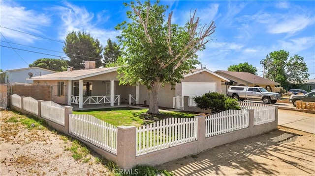 3316 Roxbury St, Rosamond, CA 93505 - ranch-style home with covered porch, a fenced front yard, a garage, driveway, and stucco siding