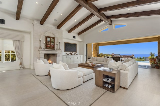 35 Shoreline Dr, Dana Point, CA 92629 - living room featuring a high end fireplace, plenty of natural light, beam ceiling, high vaulted ceiling, and recessed lighting