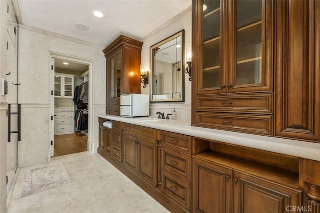 35 Shoreline Dr, Dana Point, CA 92629 - bathroom with vanity, a spacious closet, a stall shower, and recessed lighting