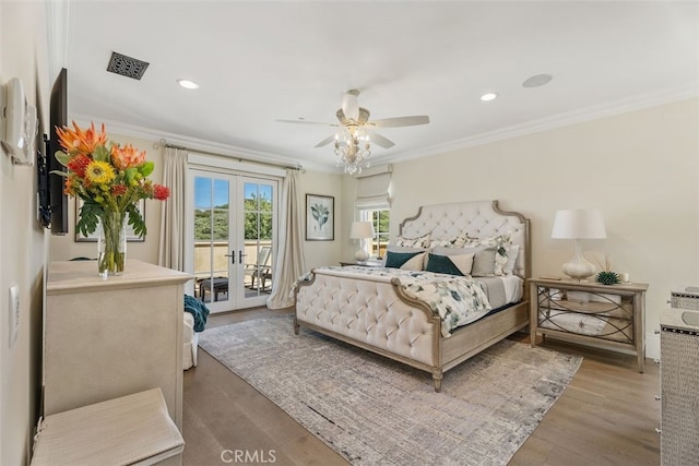 35 Shoreline Dr, Dana Point, CA 92629 - bedroom with french doors, access to exterior, ornamental molding, wood finished floors, and recessed lighting