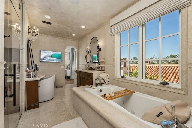 35 Shoreline Dr, Dana Point, CA 92629 - bathroom featuring vanity, a jetted tub, a stall shower, and recessed lighting