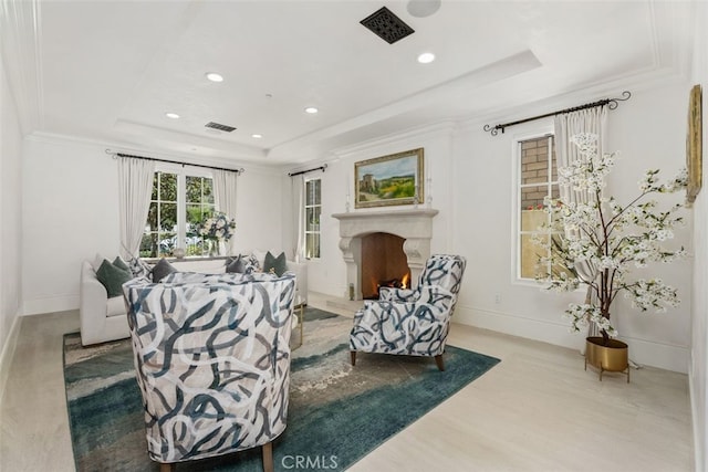 35 Shoreline Dr, Dana Point, CA 92629 - living area featuring a tray ceiling, wood finished floors, a premium fireplace, recessed lighting, and baseboards