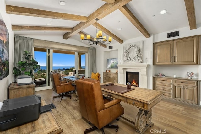 35 Shoreline Dr, Dana Point, CA 92629 - office space with a chandelier, light wood-style flooring, recessed lighting, and a lit fireplace