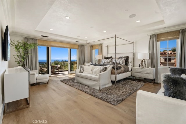 35 Shoreline Dr, Dana Point, CA 92629 - bedroom with a raised ceiling, light wood-style flooring, access to outside, and recessed lighting