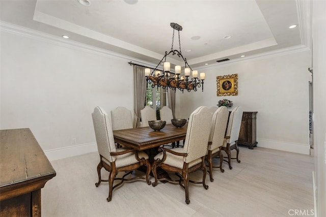 35 Shoreline Dr, Dana Point, CA 92629 - dining room featuring a tray ceiling, baseboards, light wood-style floors, a chandelier, and recessed lighting