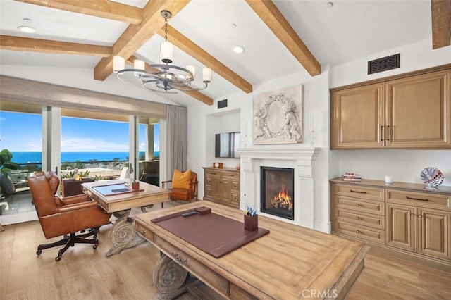 35 Shoreline Dr, Dana Point, CA 92629 - office area featuring light wood-style flooring, a chandelier, a lit fireplace, and recessed lighting