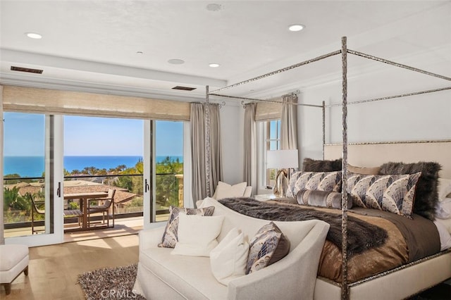 35 Shoreline Dr, Dana Point, CA 92629 - bedroom with access to exterior, wood finished floors, a water view, and recessed lighting