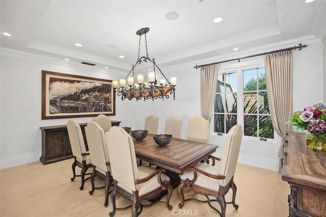 35 Shoreline Dr, Dana Point, CA 92629 - dining area featuring a raised ceiling, baseboards, a chandelier, recessed lighting, and light wood-type flooring