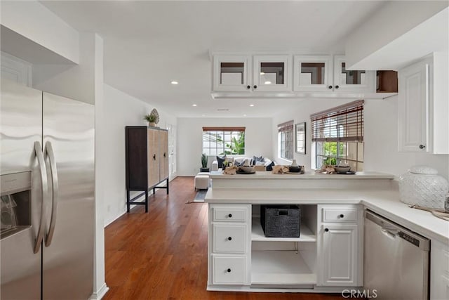 2405 Marshallfield Ln Unit B, Redondo Beach, CA 90278 - kitchen featuring stainless steel appliances, open shelves, a peninsula, white cabinetry, and recessed lighting