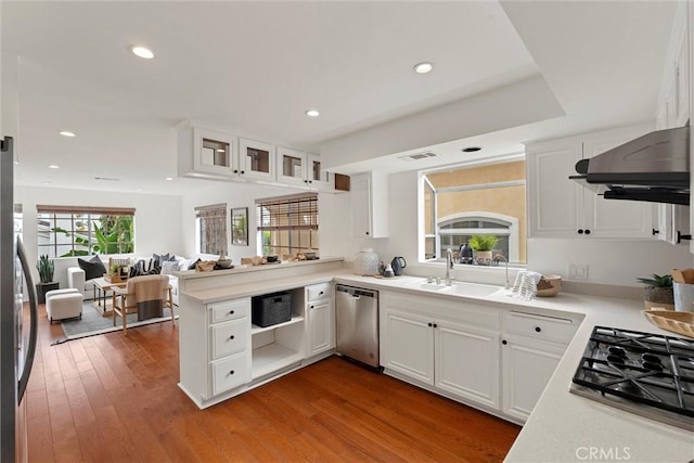 2405 Marshallfield Ln Unit B, Redondo Beach, CA 90278 - kitchen featuring appliances with stainless steel finishes, a sink, extractor fan, white cabinetry, and recessed lighting