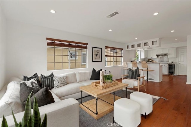 2405 Marshallfield Ln Unit B, Redondo Beach, CA 90278 - living area with beverage cooler, recessed lighting, and dark wood finished floors