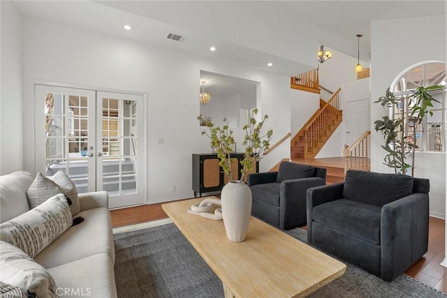 2405 Marshallfield Ln Unit B, Redondo Beach, CA 90278 - living area with dark wood-type flooring, french doors, stairs, recessed lighting, and baseboards
