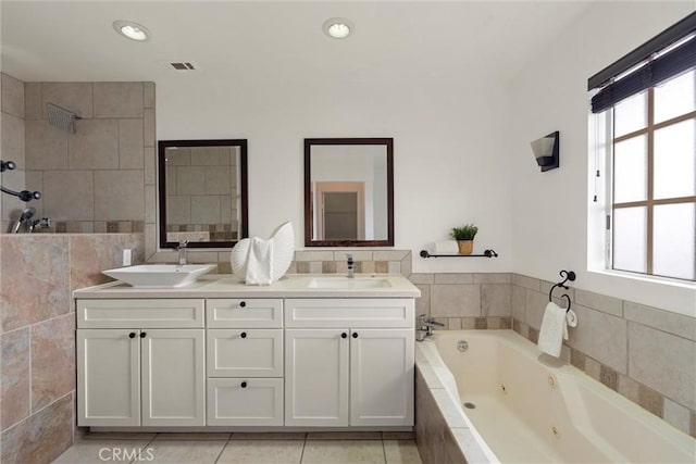 2405 Marshallfield Ln Unit B, Redondo Beach, CA 90278 - full bathroom featuring tile patterned floors, double vanity, a jetted tub, tiled shower, and recessed lighting