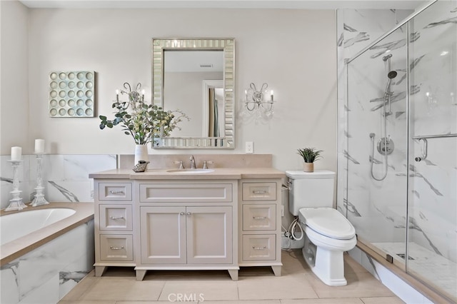 full bathroom with toilet, a marble finish shower, and vanity