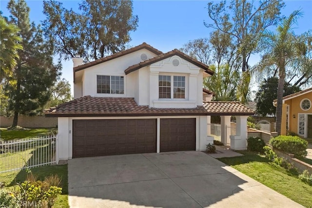 13639 Meadow Crest Dr, Chino Hills, CA 91709 - mediterranean / spanish house featuring a garage, a tile roof, driveway, and fence