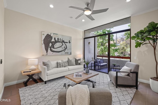 500 E Del Mar Blvd Unit 24, Pasadena, CA 91101 - living area with recessed lighting, baseboards, floor to ceiling windows, a ceiling fan, and wood finished floors