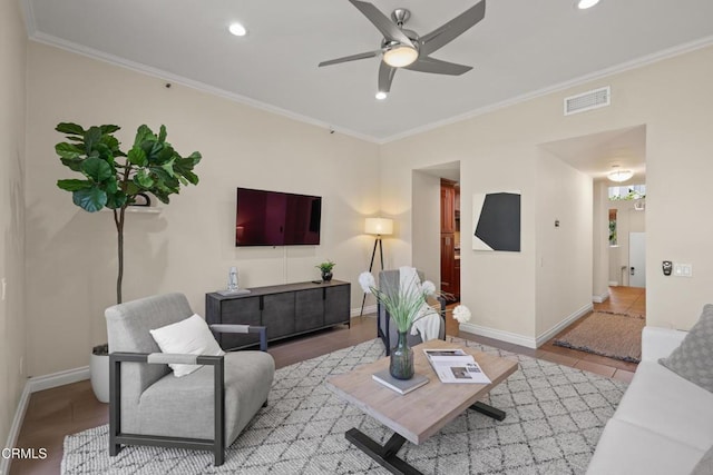 500 E Del Mar Blvd Unit 24, Pasadena, CA 91101 - living area with ceiling fan, baseboards, crown molding, recessed lighting, and tile patterned flooring