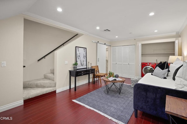 500 E Del Mar Blvd Unit 24, Pasadena, CA 91101 - living area with ornamental molding, stairway, a barn door, baseboards, and wood finished floors