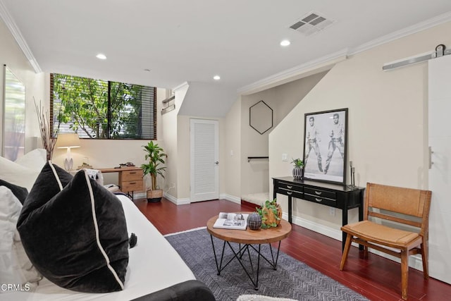 500 E Del Mar Blvd Unit 24, Pasadena, CA 91101 - living area with wood finished floors, crown molding, recessed lighting, baseboards, and a barn door