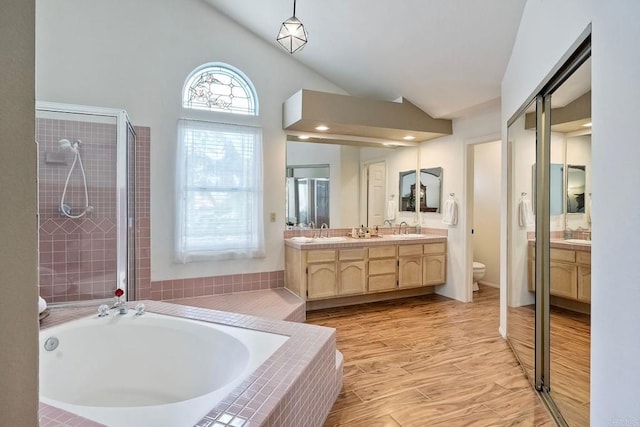 3737 Hillview Way, Oceanside, CA 92056 - full bath featuring a garden tub, a shower stall, toilet, double vanity, and high vaulted ceiling